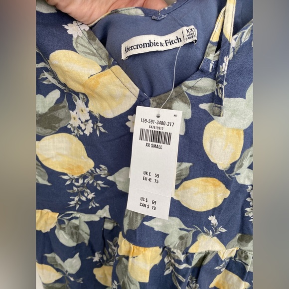 NWT Abercrombie Ruffle Sleeve Trapeze Mini Dress (XXS) - Blue Lemon Print - Picture 2 of 6